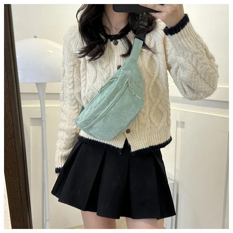 Women Waist Bag Corduroy Student Shoulder Handbag Crossbody Chest Breast Bag Fanny Pack Fashion Phone Female Bum Belt Purse 2025