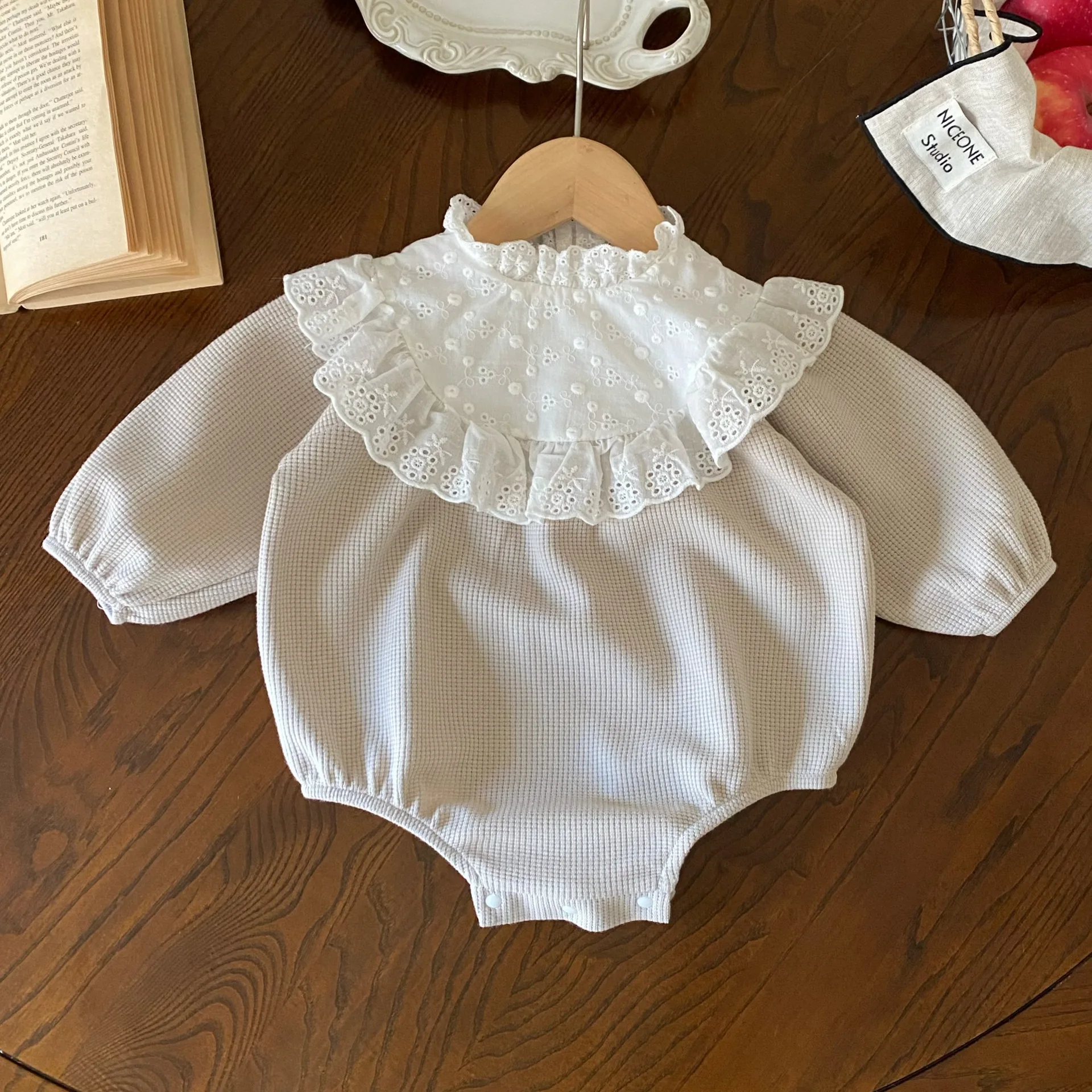 MILANCEL 2024 New Toddler Baby Girls Bodysuit Lace Collar Girls Princess One Piece Infant Waffle Clothes Outfit