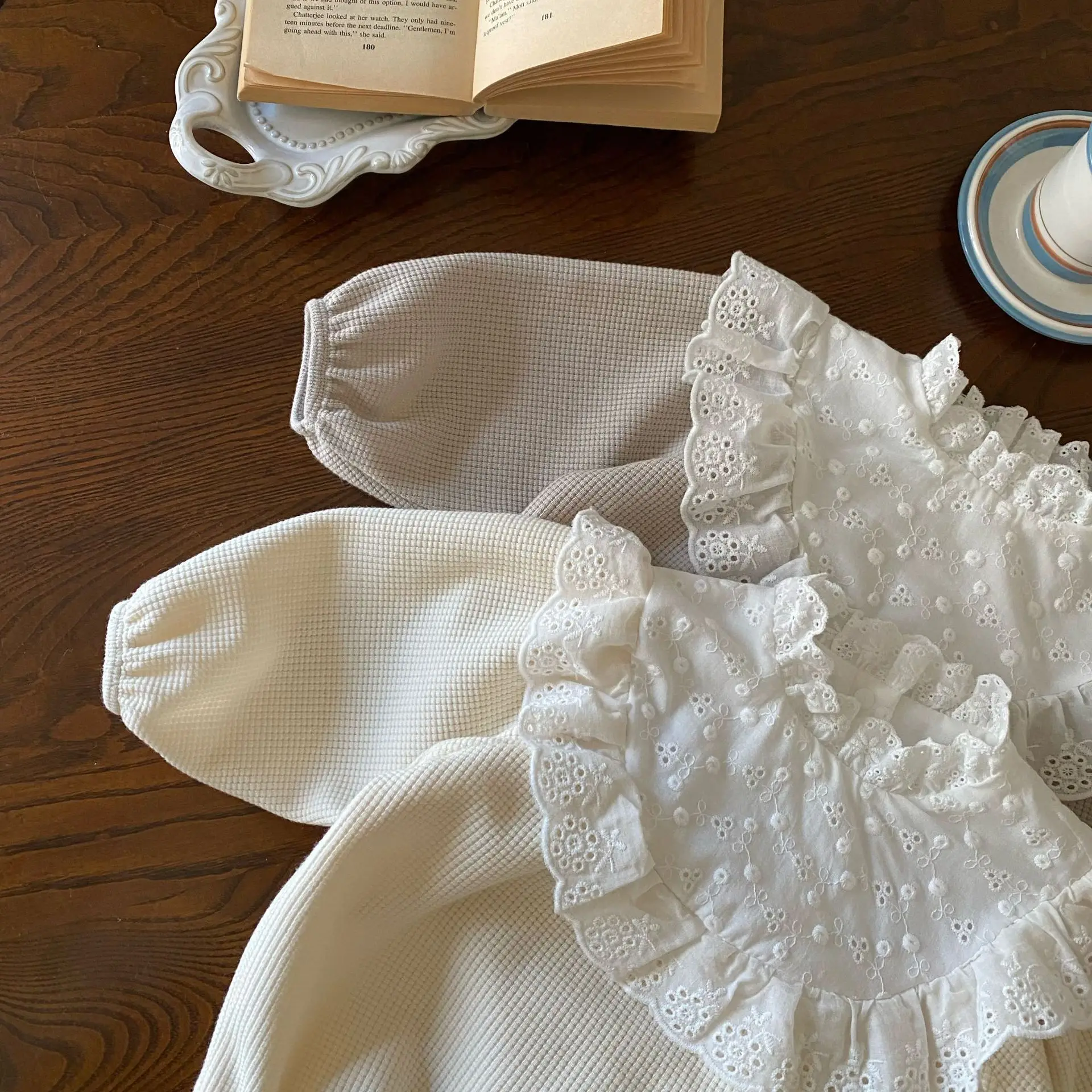 MILANCEL 2024 New Toddler Baby Girls Bodysuit Lace Collar Girls Princess One Piece Infant Waffle Clothes Outfit