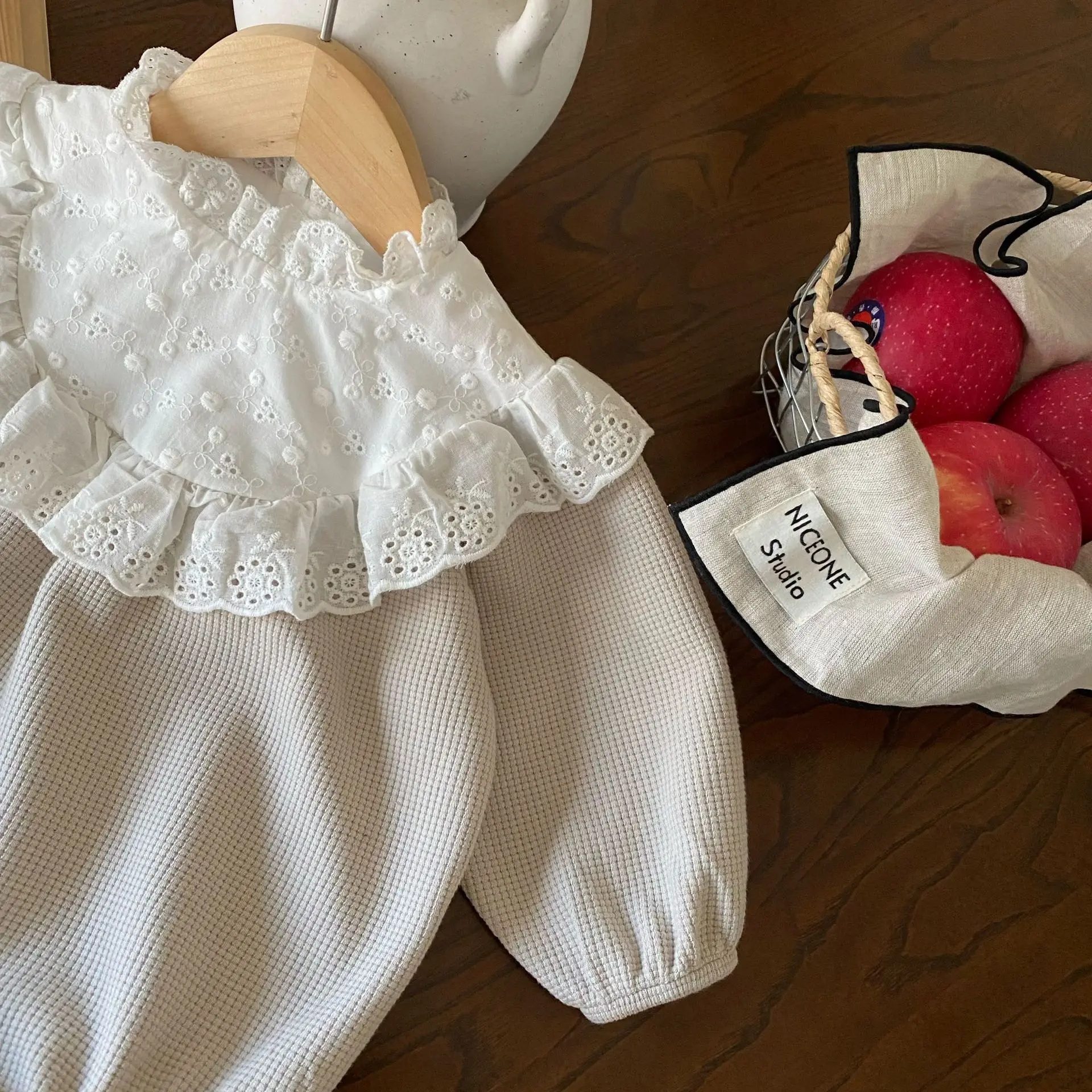 MILANCEL 2024 New Toddler Baby Girls Bodysuit Lace Collar Girls Princess One Piece Infant Waffle Clothes Outfit