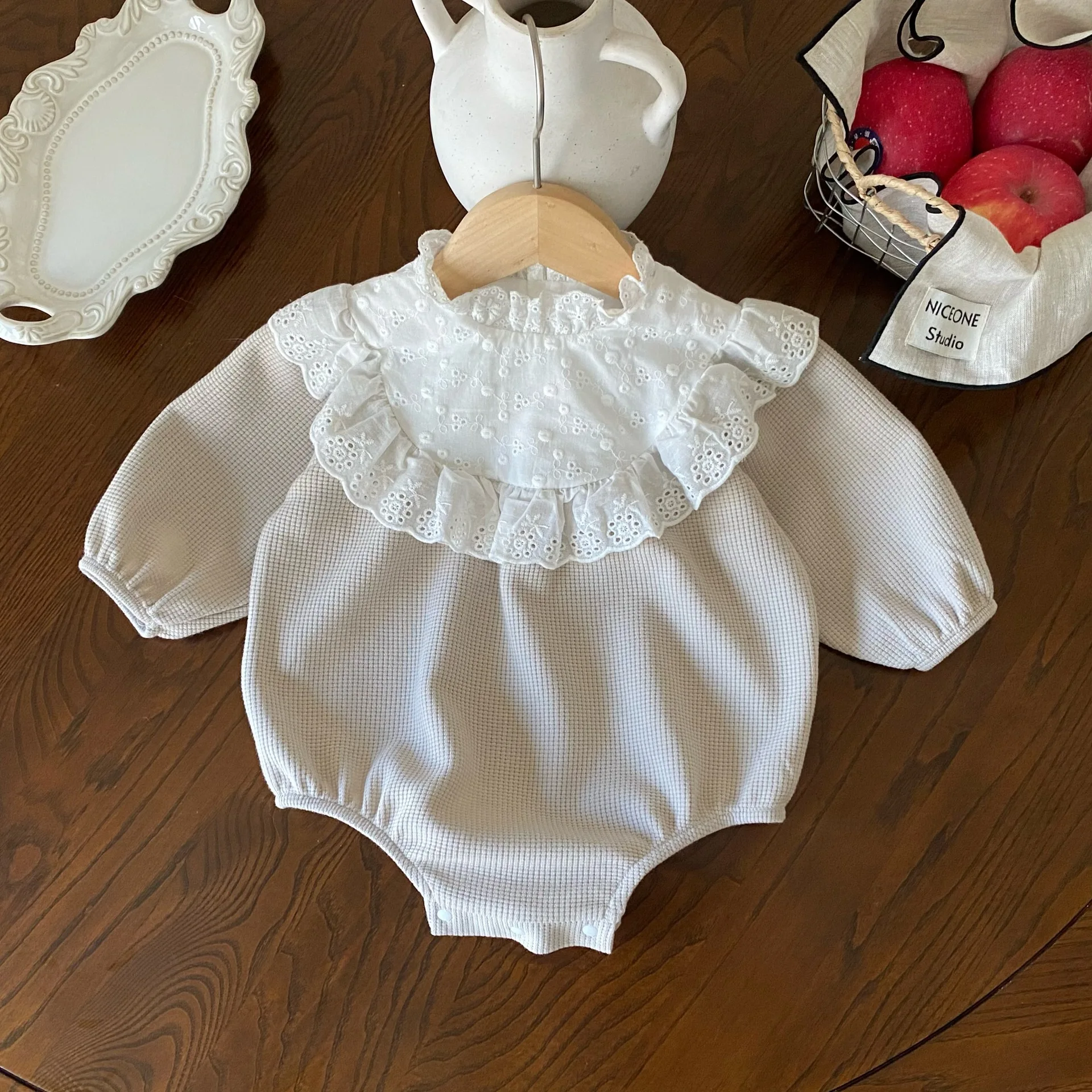 MILANCEL 2024 New Toddler Baby Girls Bodysuit Lace Collar Girls Princess One Piece Infant Waffle Clothes Outfit