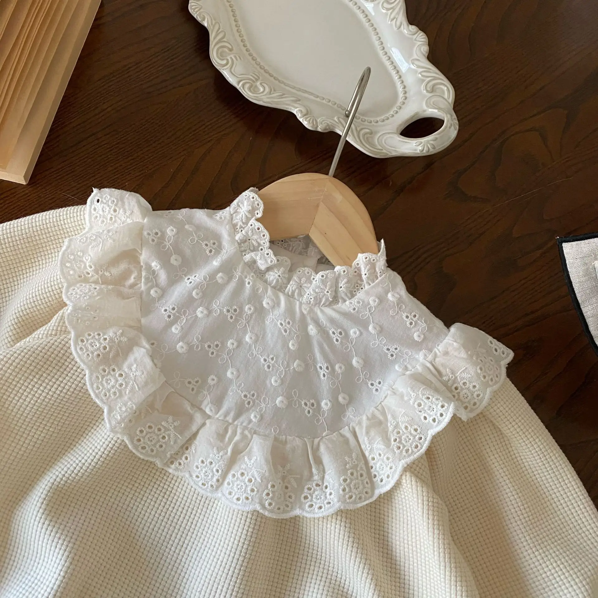 MILANCEL 2024 New Toddler Baby Girls Bodysuit Lace Collar Girls Princess One Piece Infant Waffle Clothes Outfit