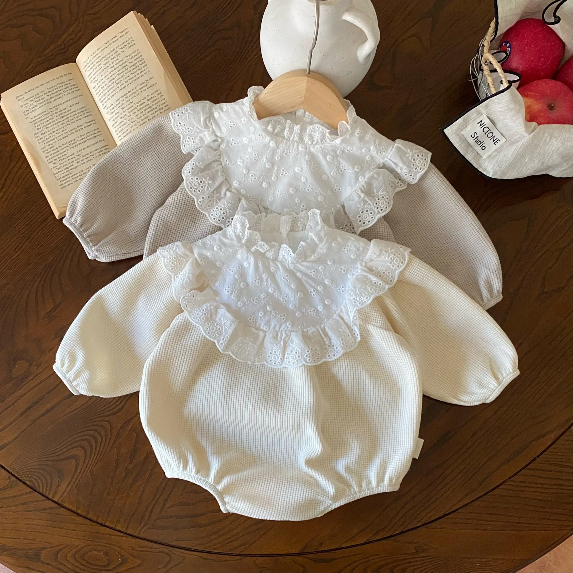 MILANCEL 2024 New Toddler Baby Girls Bodysuit Lace Collar Girls Princess One Piece Infant Waffle Clothes Outfit