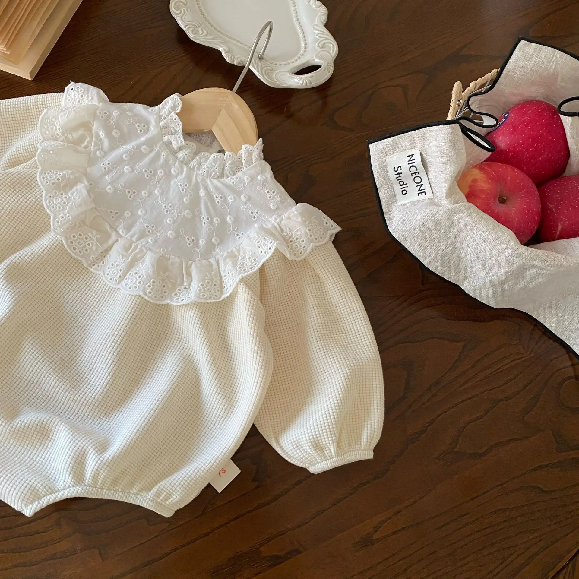 MILANCEL 2024 New Toddler Baby Girls Bodysuit Lace Collar Girls Princess One Piece Infant Waffle Clothes Outfit