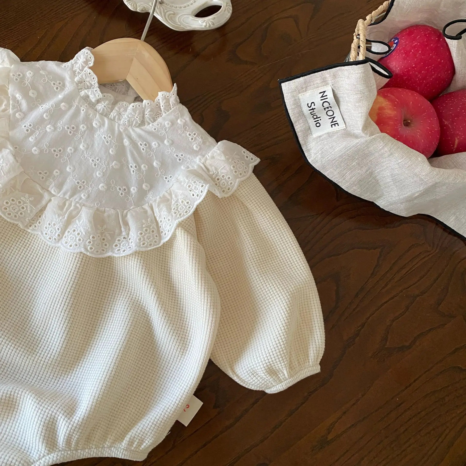 MILANCEL 2024 New Toddler Baby Girls Bodysuit Lace Collar Girls Princess One Piece Infant Waffle Clothes Outfit