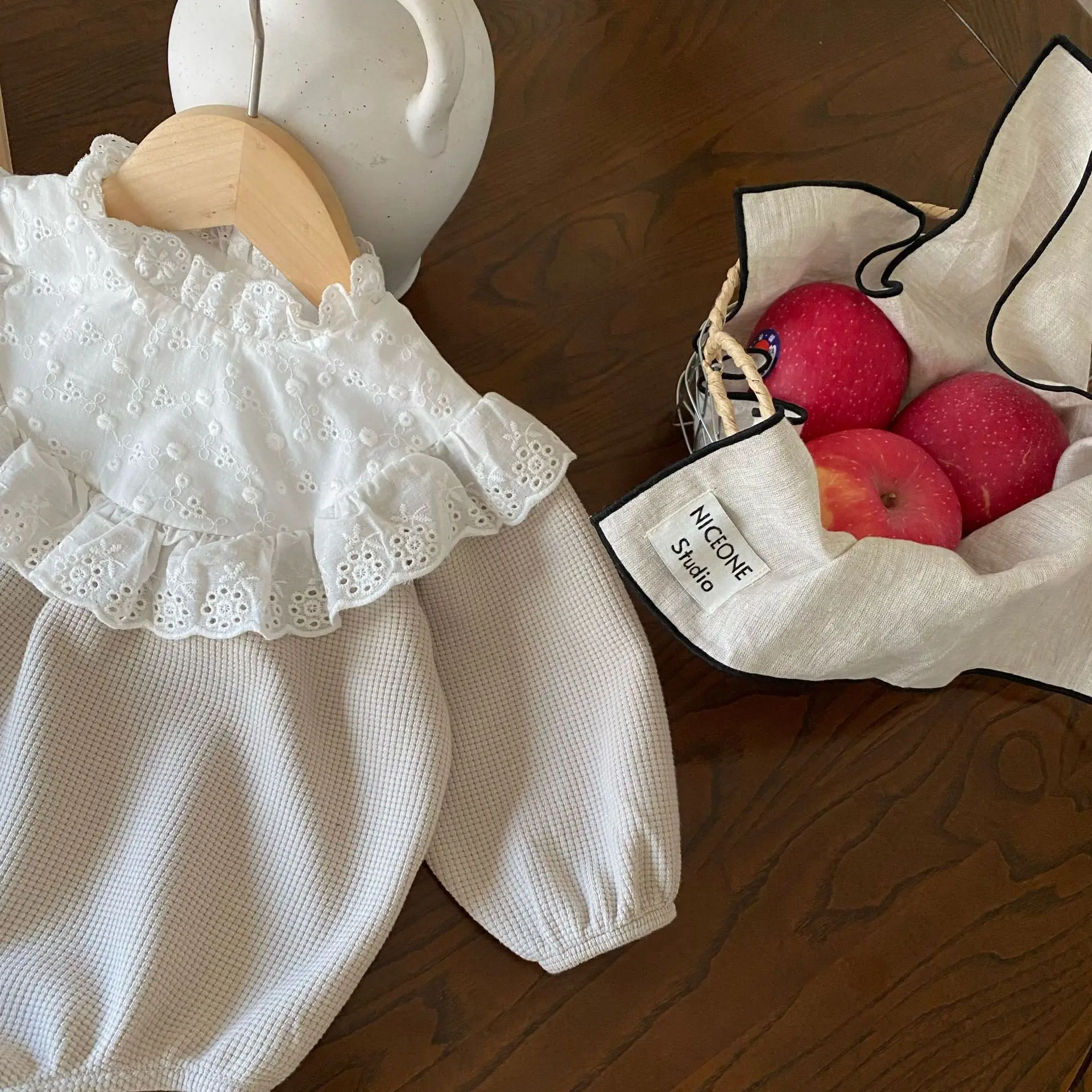 MILANCEL 2024 New Toddler Baby Girls Bodysuit Lace Collar Girls Princess One Piece Infant Waffle Clothes Outfit