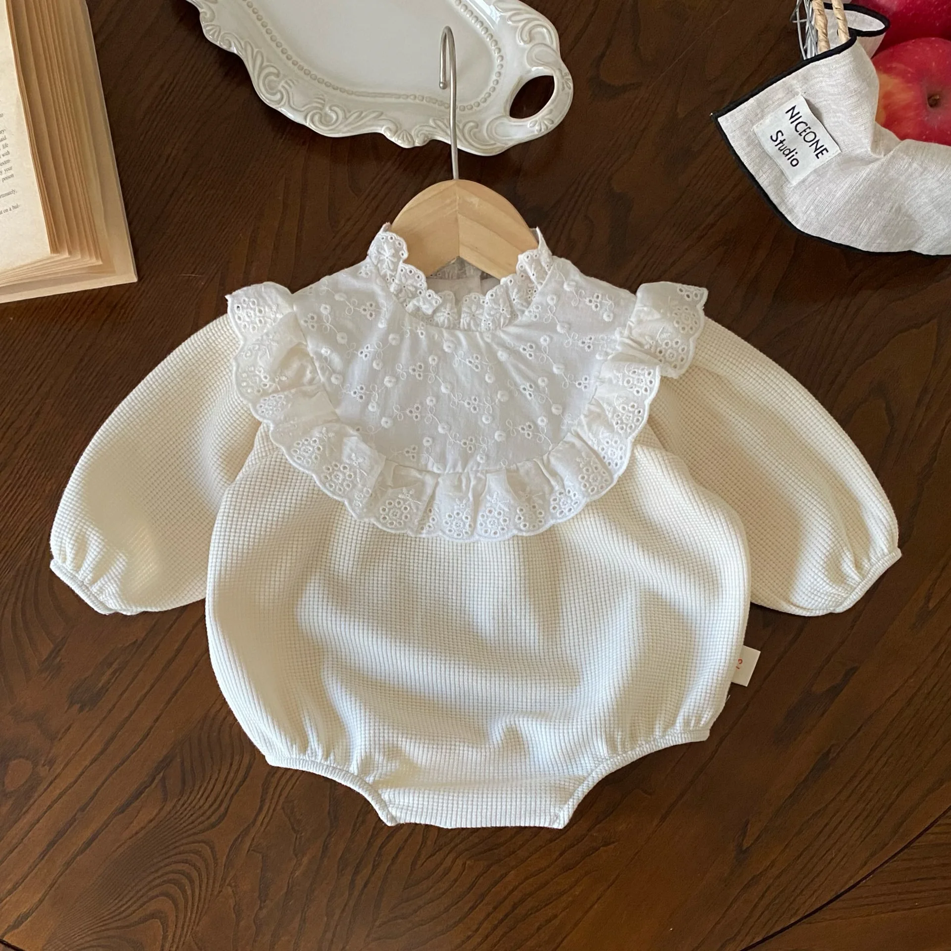 MILANCEL 2024 New Toddler Baby Girls Bodysuit Lace Collar Girls Princess One Piece Infant Waffle Clothes Outfit