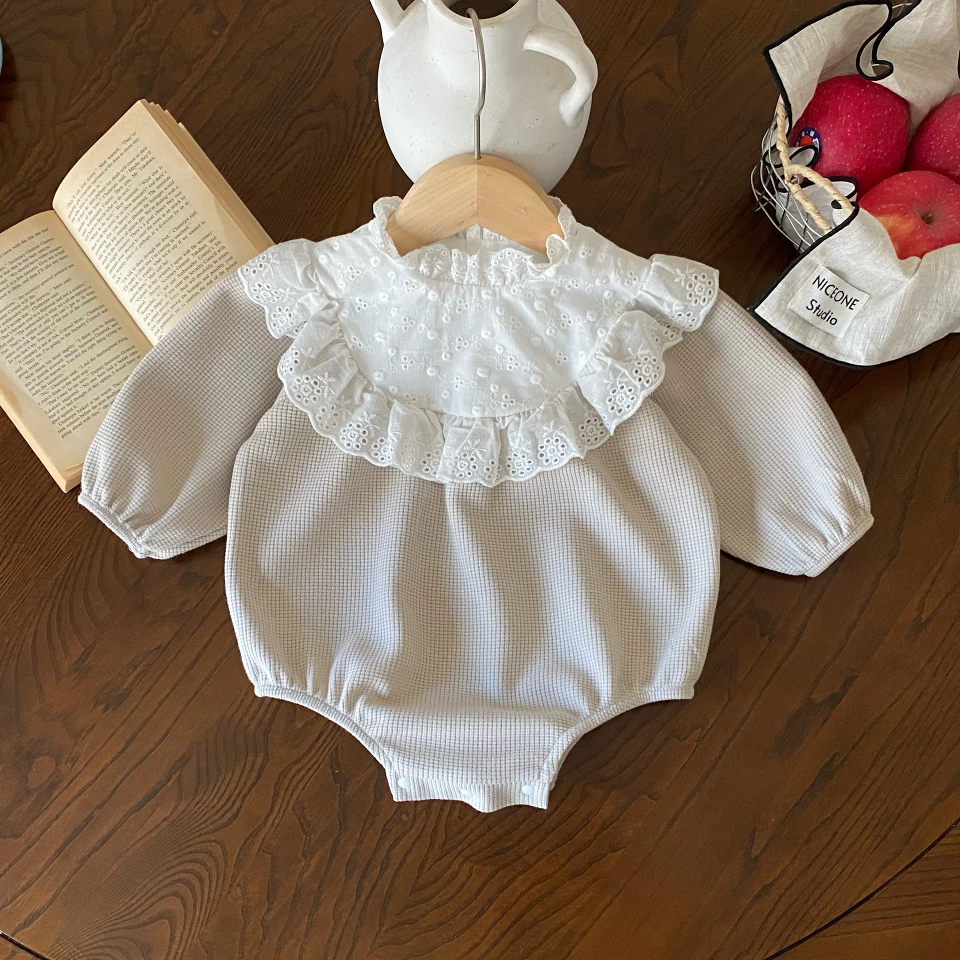 MILANCEL 2024 New Toddler Baby Girls Bodysuit Lace Collar Girls Princess One Piece Infant Waffle Clothes Outfit