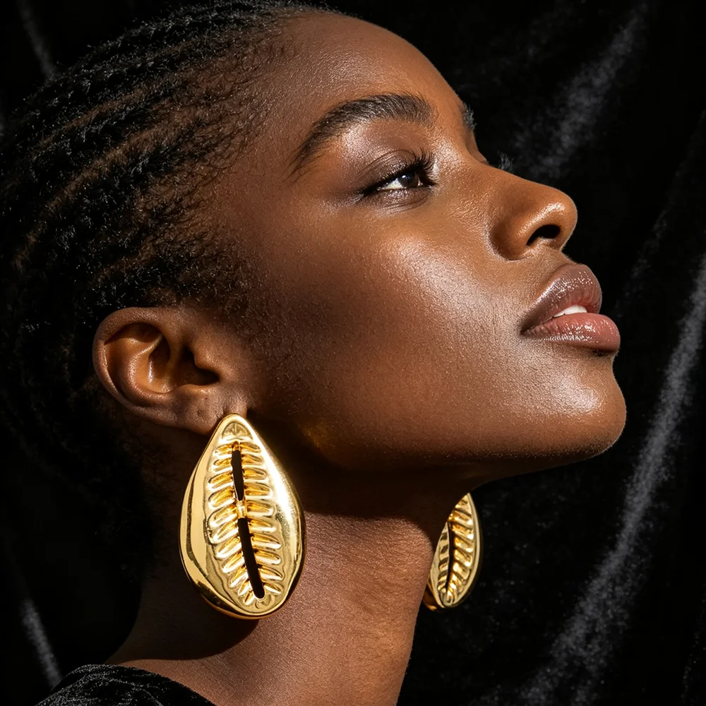 18K Gold Plated 3D Cowrie Shell Earring & Ring Set African Ethnic Statement Jewelry For Women Party Wedding Fashion Jewelry Gift