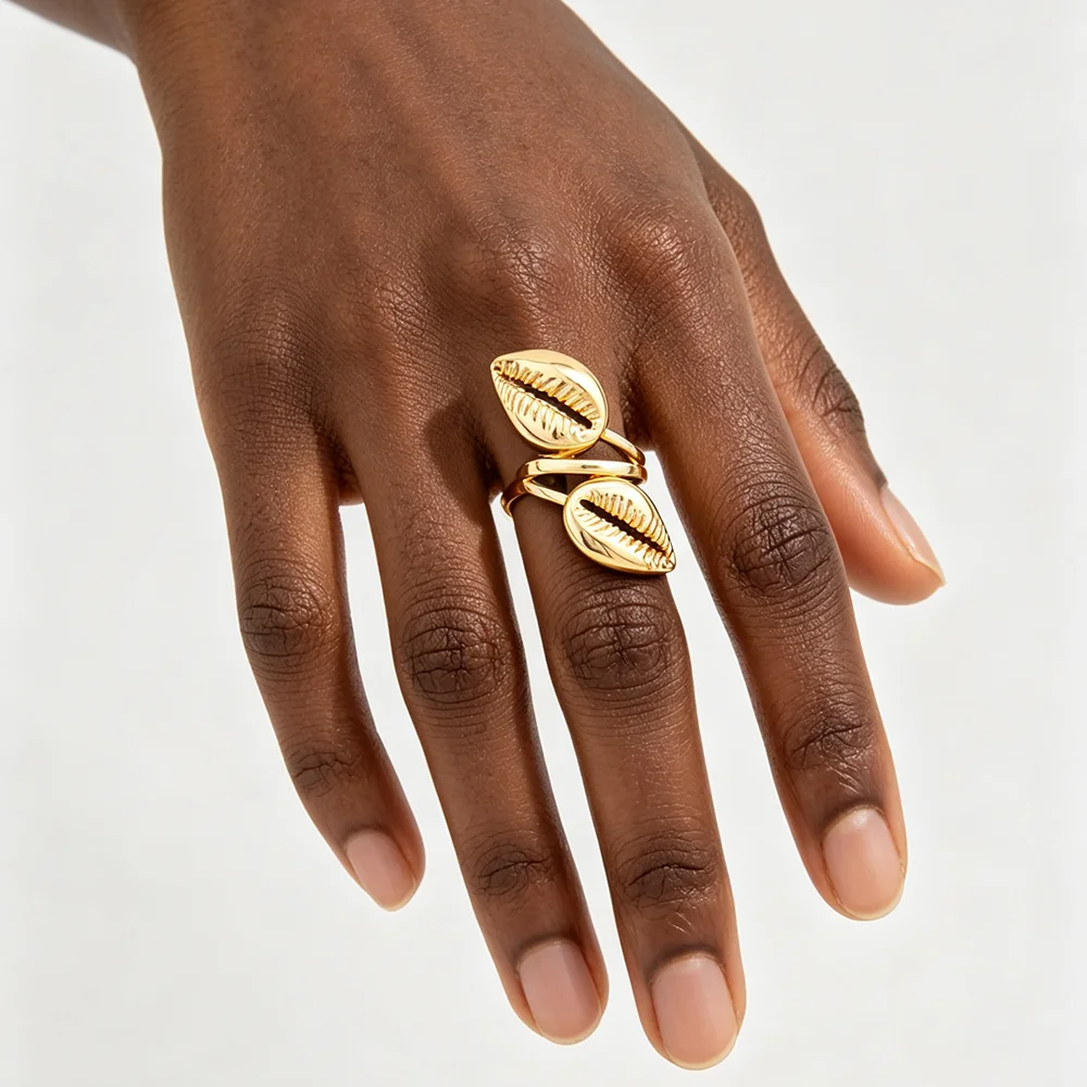 18K Gold Plated 3D Cowrie Shell Earring & Ring Set African Ethnic Statement Jewelry For Women Party Wedding Fashion Jewelry Gift