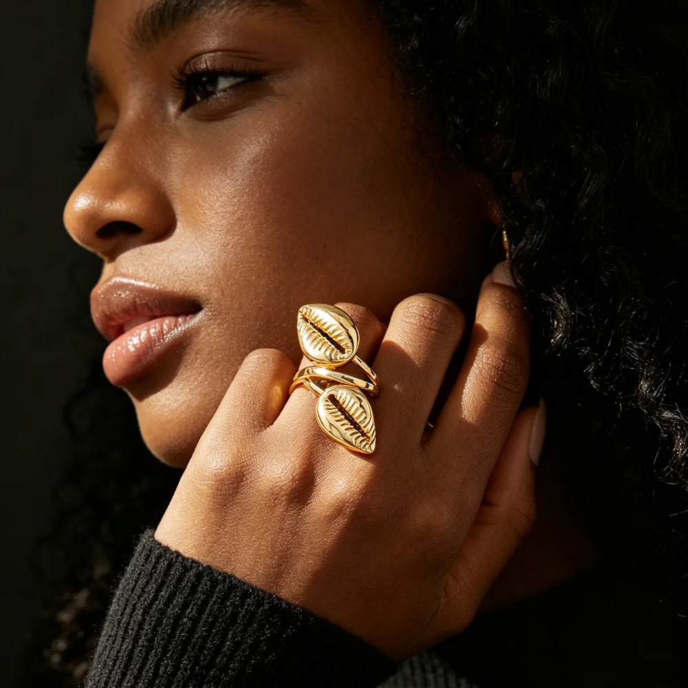 18K Gold Plated 3D Cowrie Shell Earring & Ring Set African Ethnic Statement Jewelry For Women Party Wedding Fashion Jewelry Gift