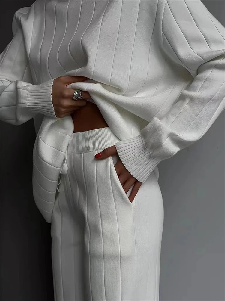 REALEFT Autumn Winter 2 Pieces White Women's Sets Knitted Tracksuit Turtleneck Sweater and Straight Jogging Pant Suits 2023 New