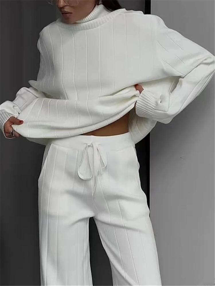 REALEFT Autumn Winter 2 Pieces White Women's Sets Knitted Tracksuit Turtleneck Sweater and Straight Jogging Pant Suits 2023 New