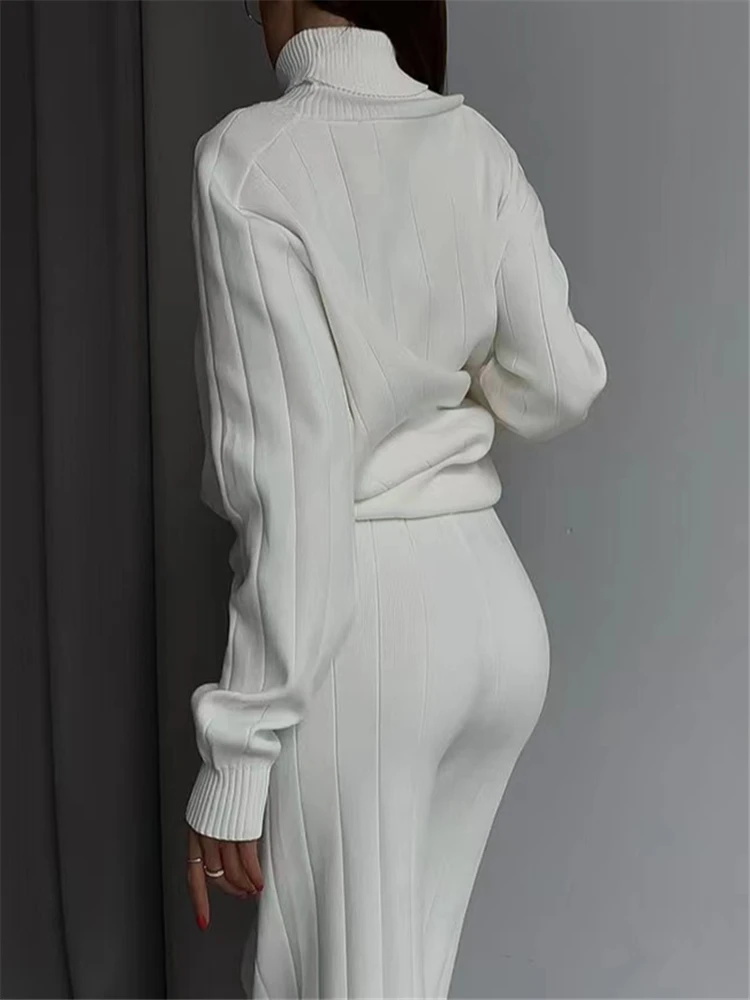 REALEFT Autumn Winter 2 Pieces White Women's Sets Knitted Tracksuit Turtleneck Sweater and Straight Jogging Pant Suits 2023 New