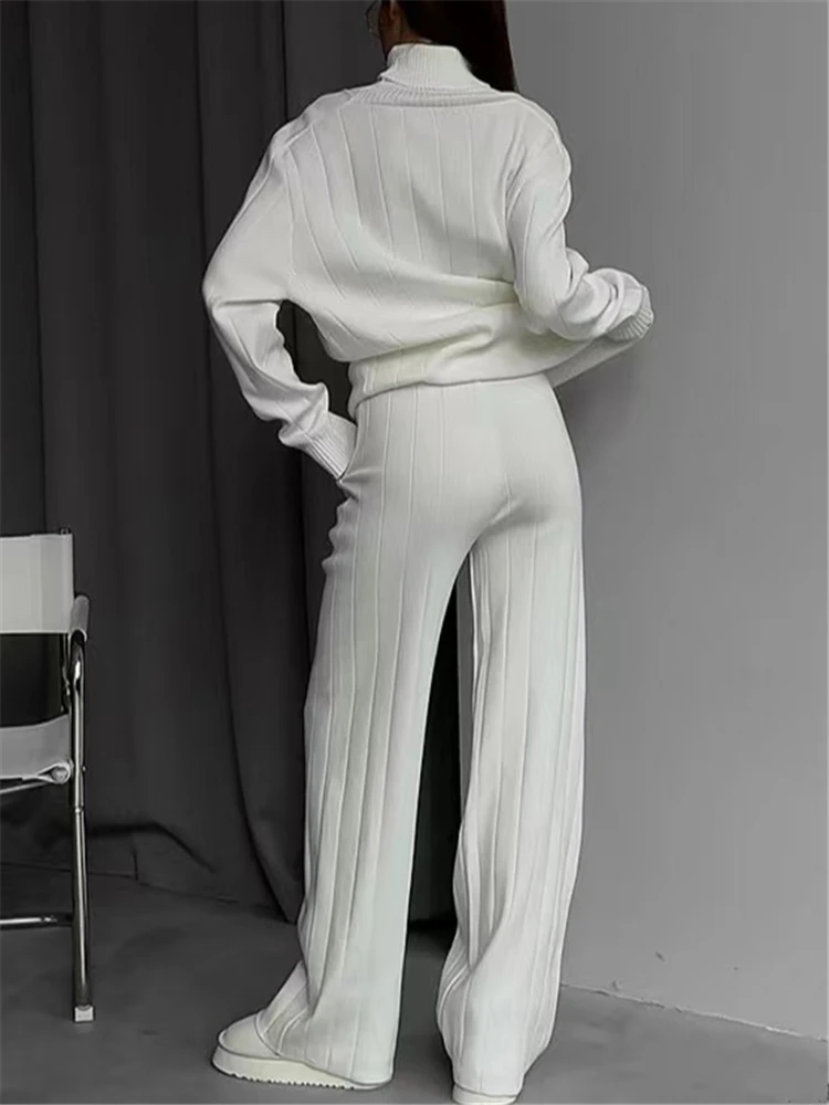 REALEFT Autumn Winter 2 Pieces White Women's Sets Knitted Tracksuit Turtleneck Sweater and Straight Jogging Pant Suits 2023 New