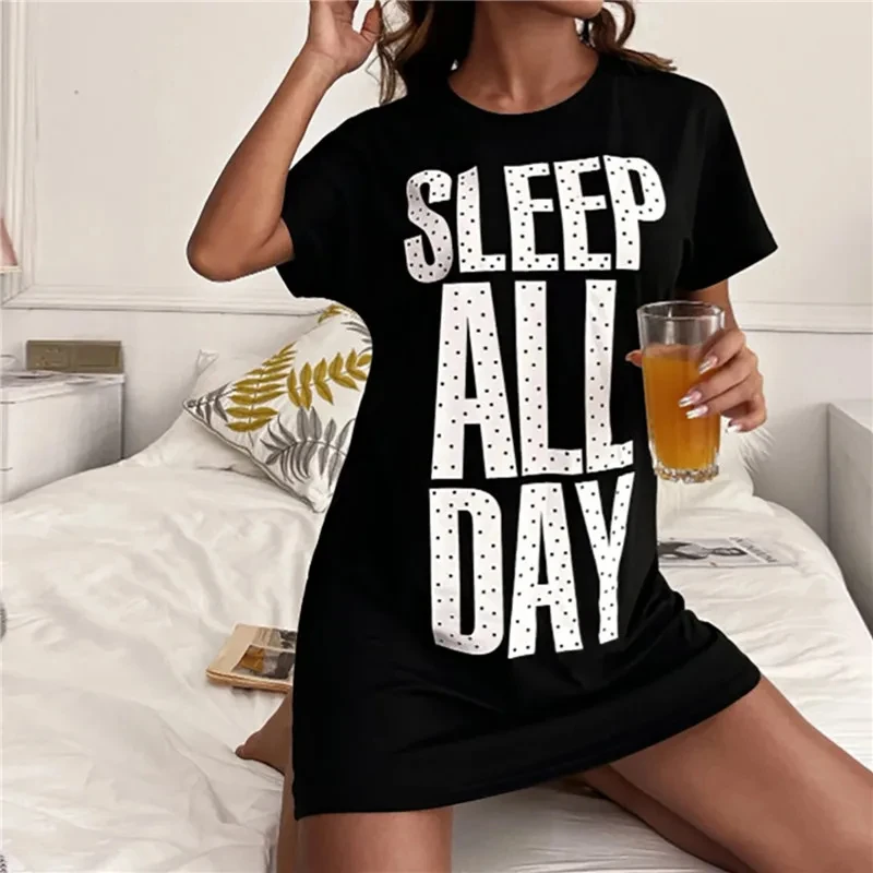 Plus Size Summer Women's Dresses 3D Alphabet Print Women's Nightgowns Home Dresses Ice Silk Fabric Women's Dresses Dating Dresse