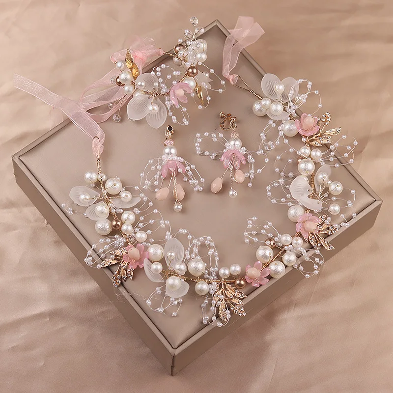 handmade bride hair accessories pink flower beaded wedding headdress crystal headpiece pearl headband for women