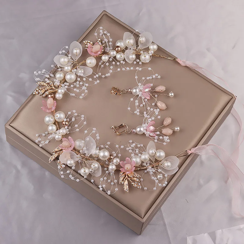 handmade bride hair accessories pink flower beaded wedding headdress crystal headpiece pearl headband for women
