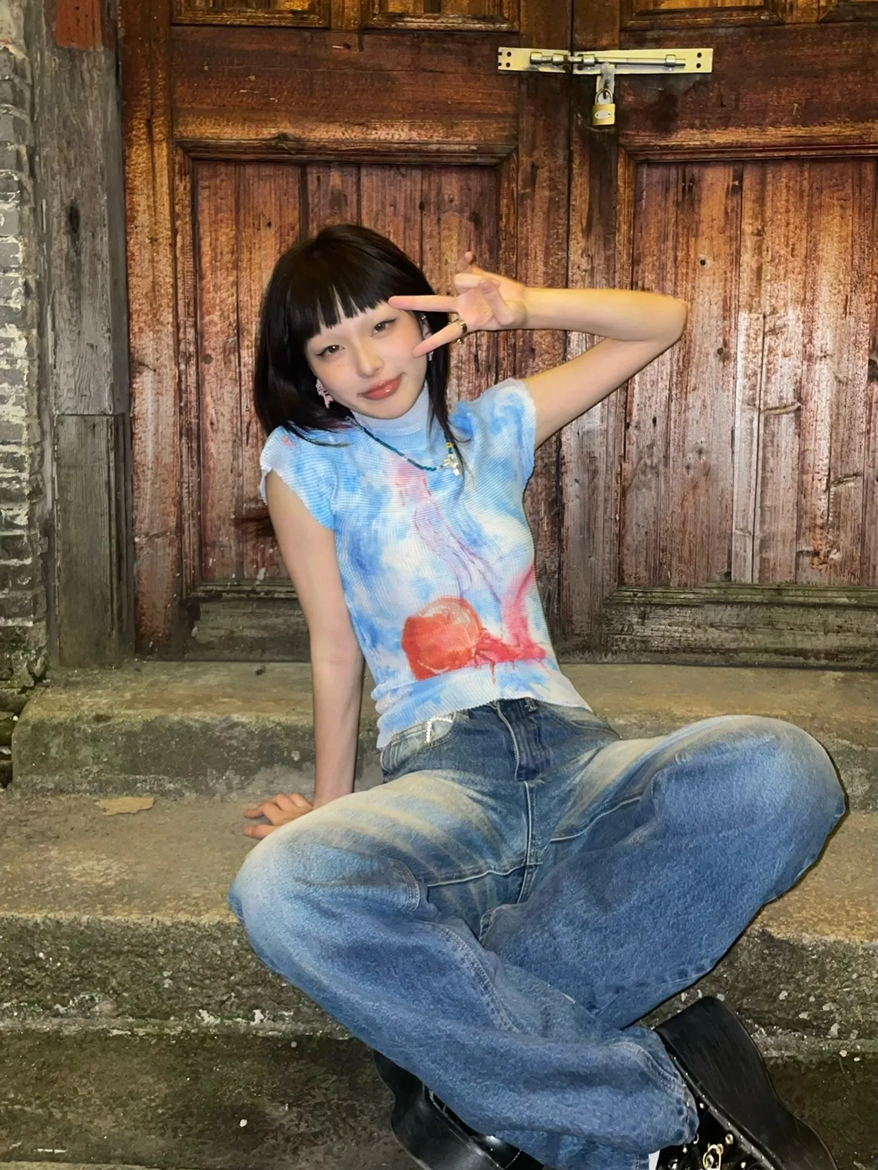 Karrram Japanese Y2k Crop Top 2000s Aesthetics Graphic T Shirts Vintage Harajuku Short Sleeve T-shirt Grunge Tie-dye Slim Tops