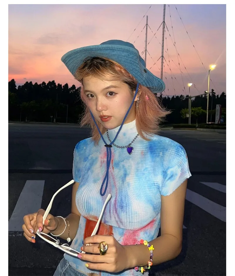 Karrram Japanese Y2k Crop Top 2000s Aesthetics Graphic T Shirts Vintage Harajuku Short Sleeve T-shirt Grunge Tie-dye Slim Tops