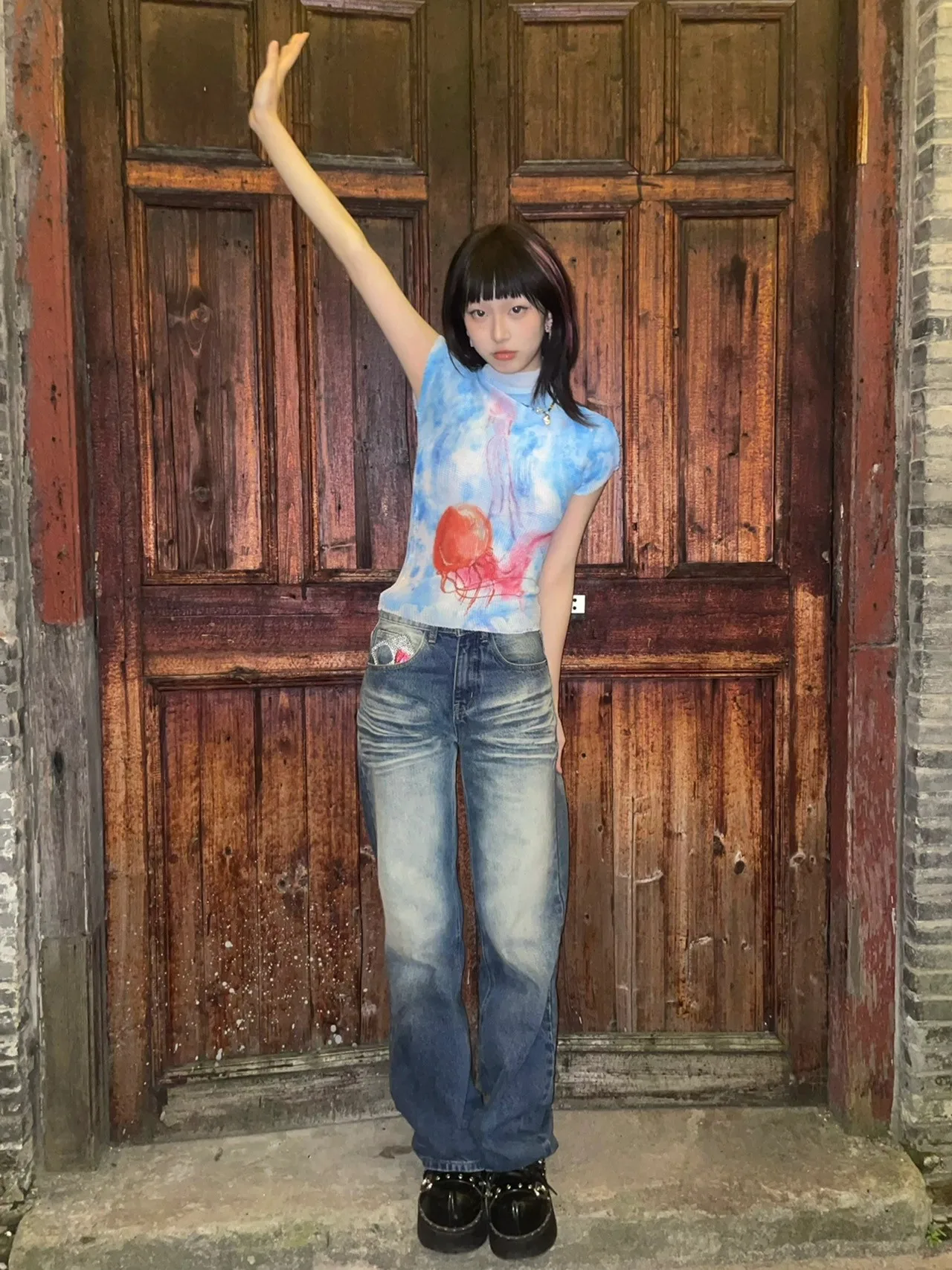 Karrram Japanese Y2k Crop Top 2000s Aesthetics Graphic T Shirts Vintage Harajuku Short Sleeve T-shirt Grunge Tie-dye Slim Tops