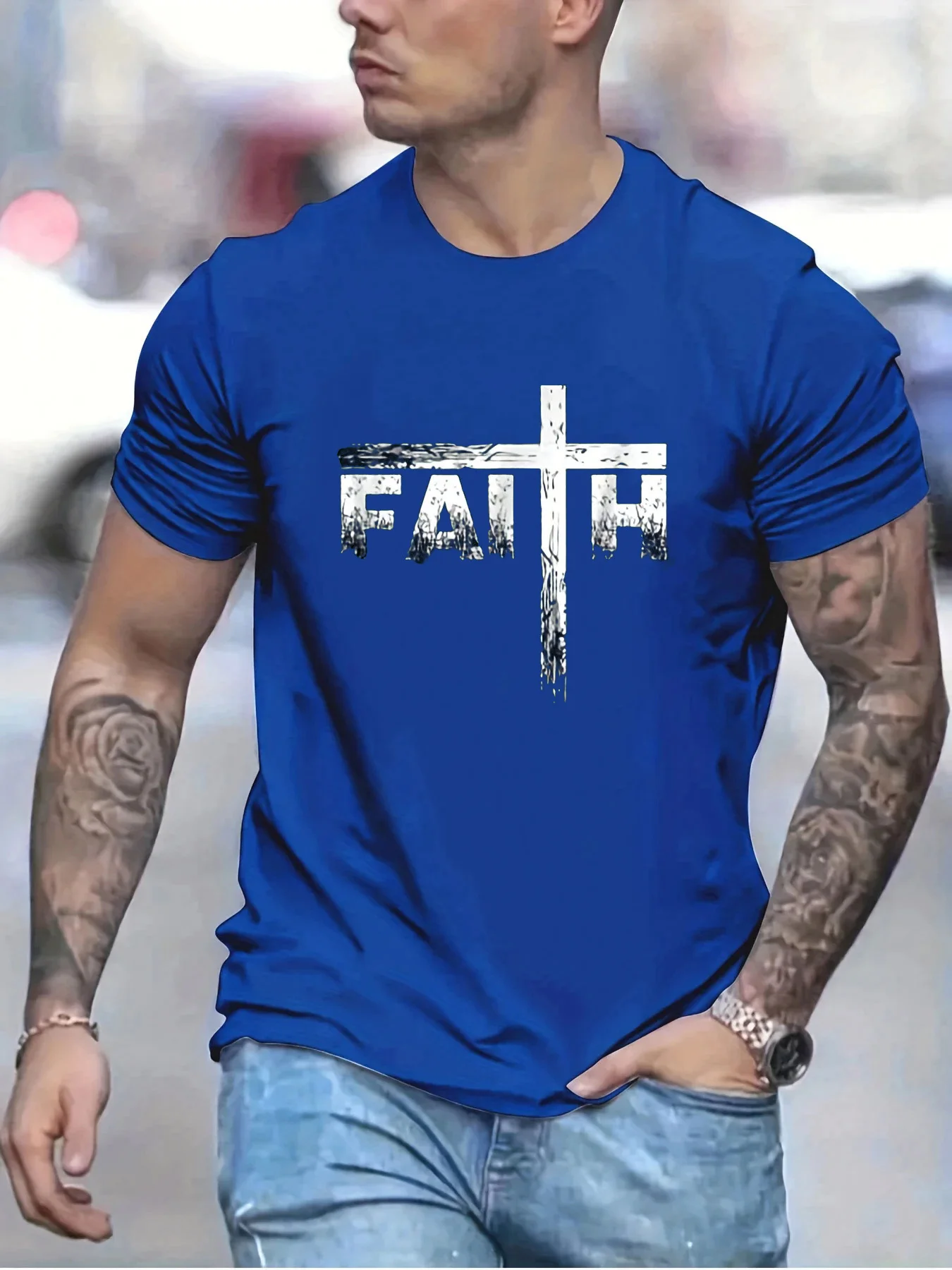Men's Summer 100% Cotton Faith Print Loose Large Casual Round Neck Short Sleeve T-shirt