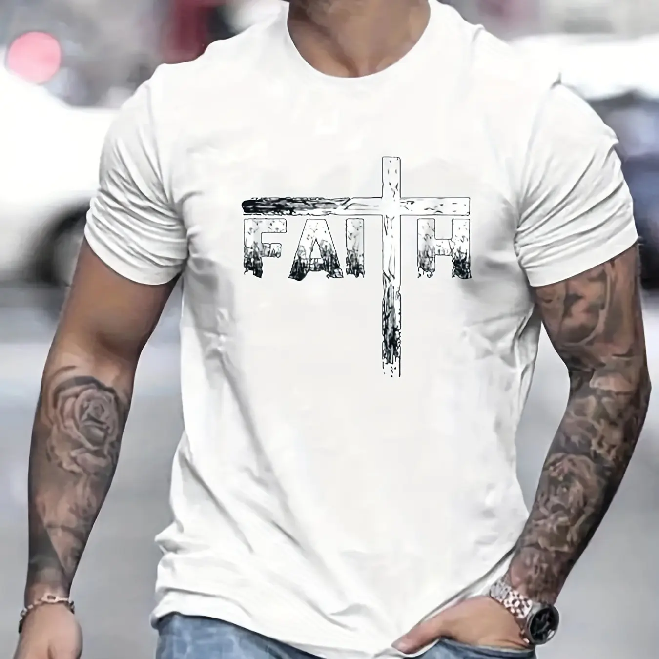 Men's Summer 100% Cotton Faith Print Loose Large Casual Round Neck Short Sleeve T-shirt