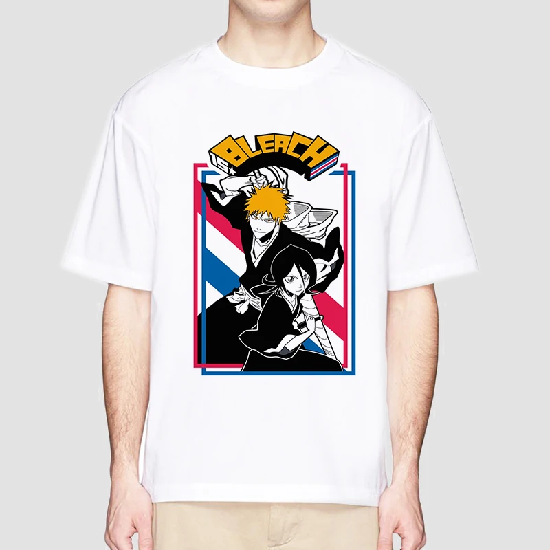 Anime Bleach T Shirt for Men Ichigo Graphic T Shirts White Japanese Harajuku Fashion Casual O-Neck Short Sleeve Tee Summer Top