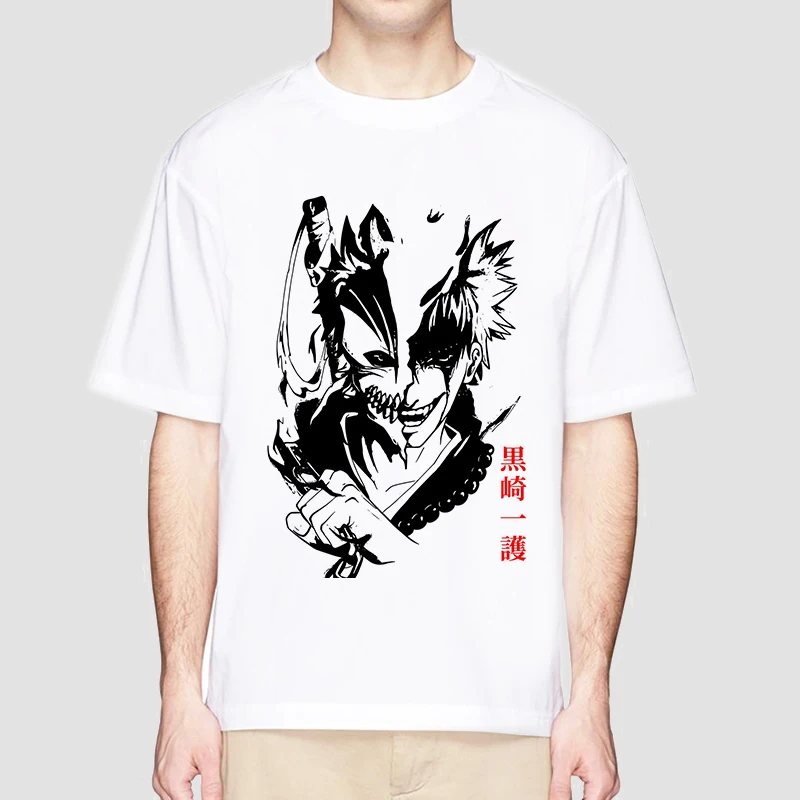 Anime Bleach T Shirt for Men Ichigo Graphic T Shirts White Japanese Harajuku Fashion Casual O-Neck Short Sleeve Tee Summer Top