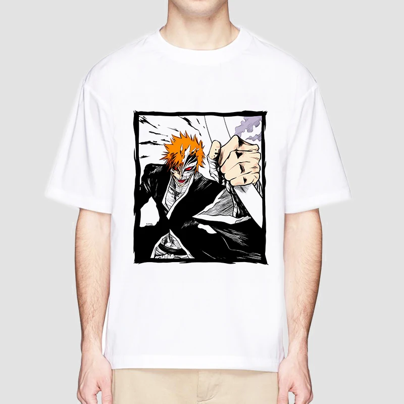 Anime Bleach T Shirt for Men Ichigo Graphic T Shirts White Japanese Harajuku Fashion Casual O-Neck Short Sleeve Tee Summer Top