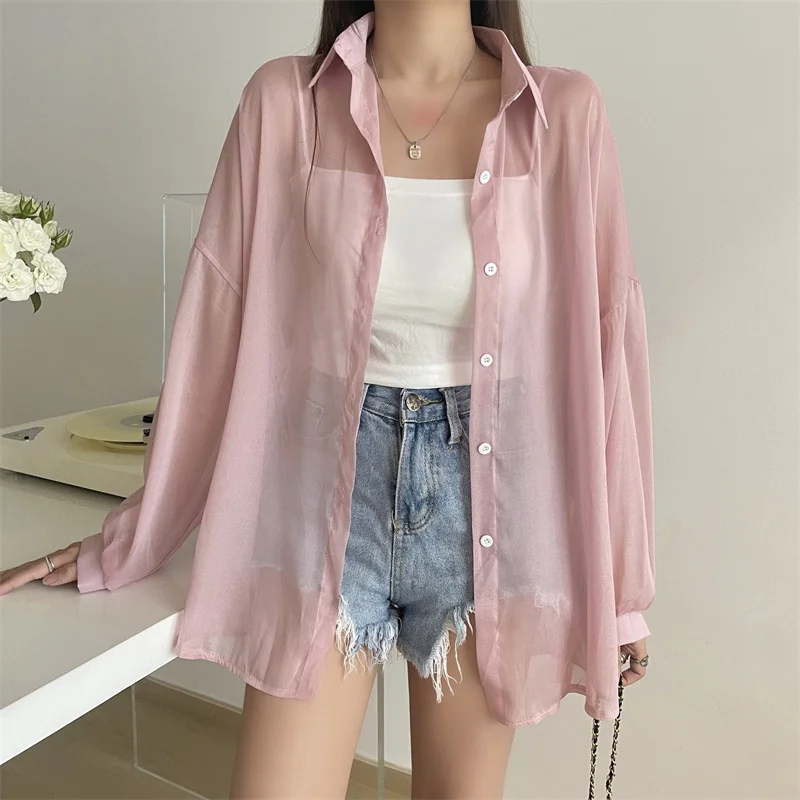 Semi Sheer Long Sleeve Shirt for Women Shimmer Button Down Collared Plain Lightweight Shirt Spring Summer Chic Tops Outfit