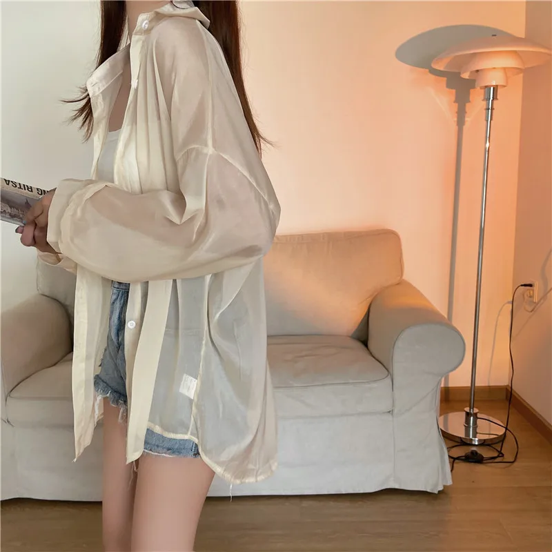 Semi Sheer Long Sleeve Shirt for Women Shimmer Button Down Collared Plain Lightweight Shirt Spring Summer Chic Tops Outfit