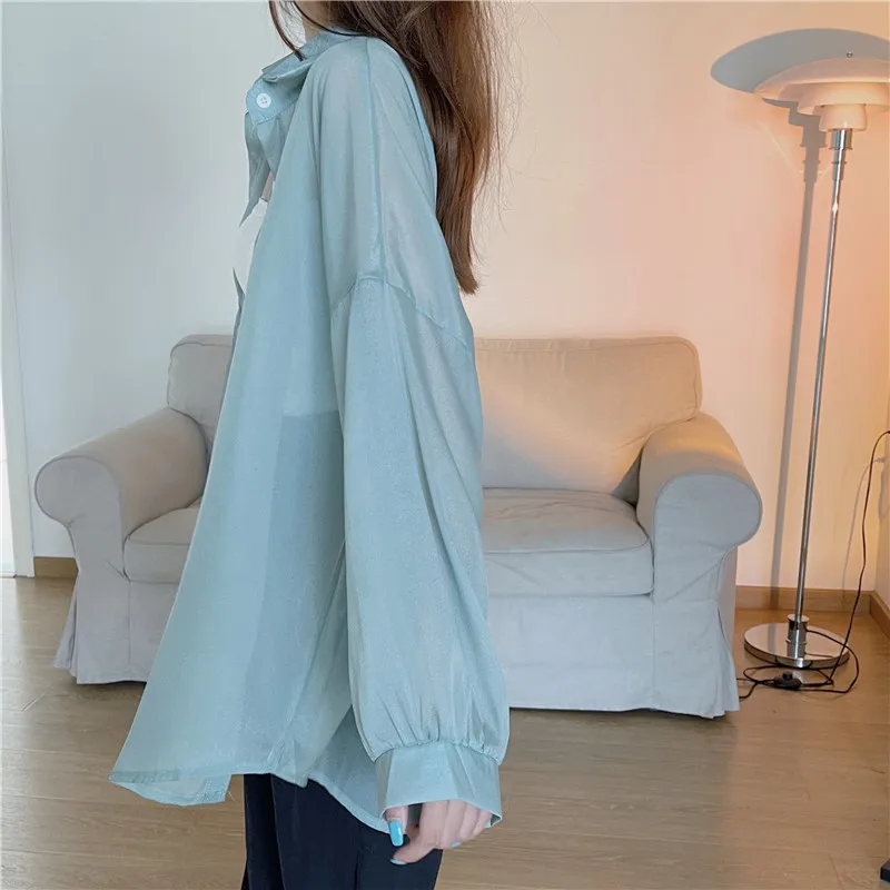 Semi Sheer Long Sleeve Shirt for Women Shimmer Button Down Collared Plain Lightweight Shirt Spring Summer Chic Tops Outfit