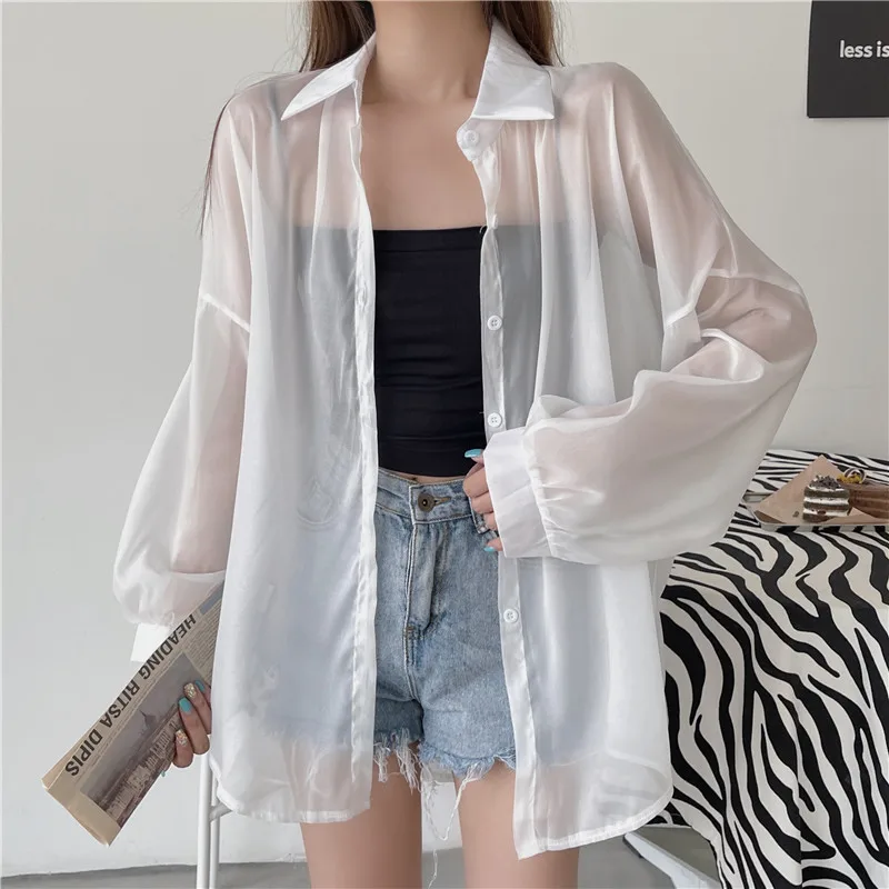 Semi Sheer Long Sleeve Shirt for Women Shimmer Button Down Collared Plain Lightweight Shirt Spring Summer Chic Tops Outfit