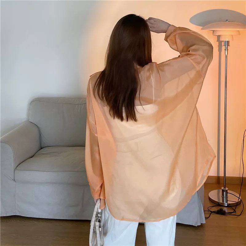 Semi Sheer Long Sleeve Shirt for Women Shimmer Button Down Collared Plain Lightweight Shirt Spring Summer Chic Tops Outfit