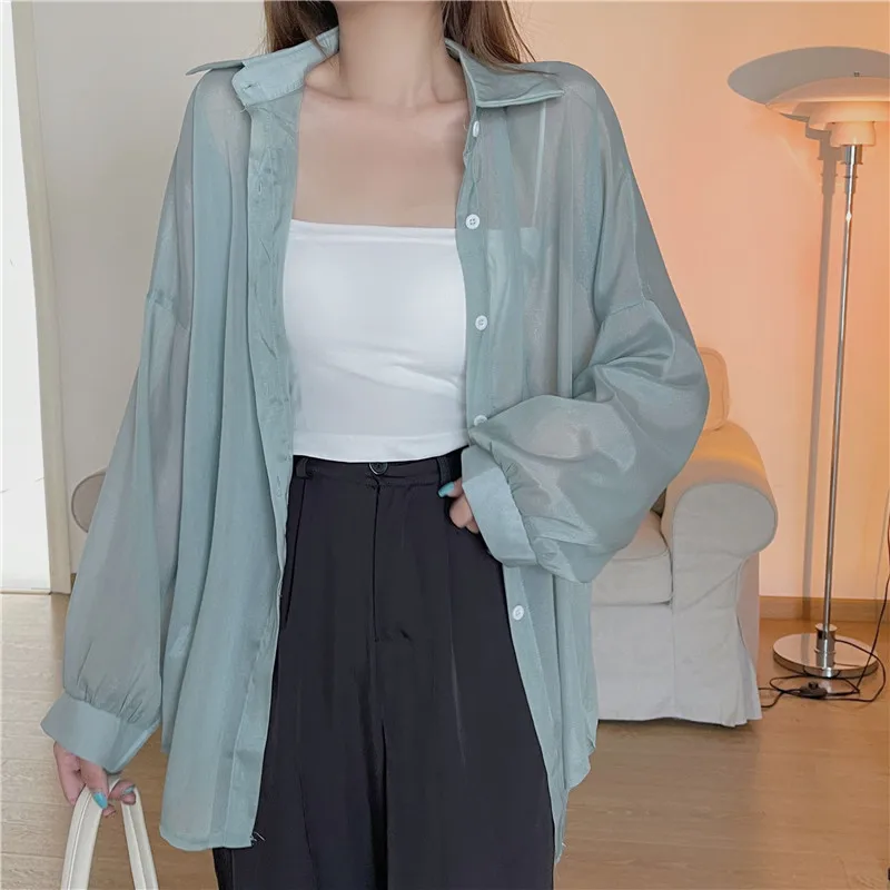 Semi Sheer Long Sleeve Shirt for Women Shimmer Button Down Collared Plain Lightweight Shirt Spring Summer Chic Tops Outfit