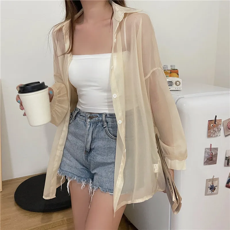 Semi Sheer Long Sleeve Shirt for Women Shimmer Button Down Collared Plain Lightweight Shirt Spring Summer Chic Tops Outfit