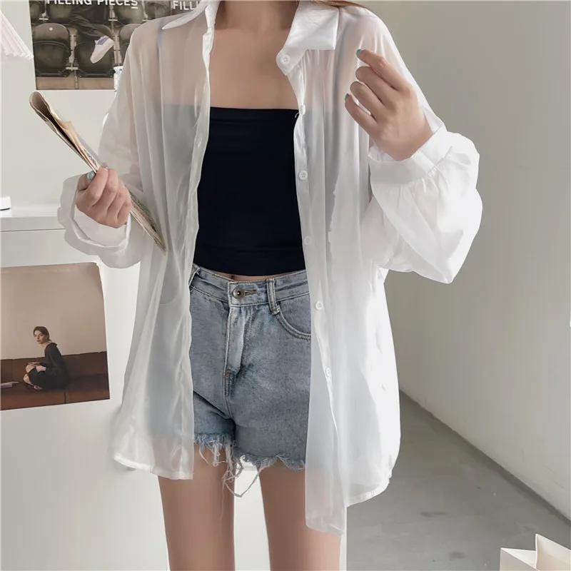 Semi Sheer Long Sleeve Shirt for Women Shimmer Button Down Collared Plain Lightweight Shirt Spring Summer Chic Tops Outfit