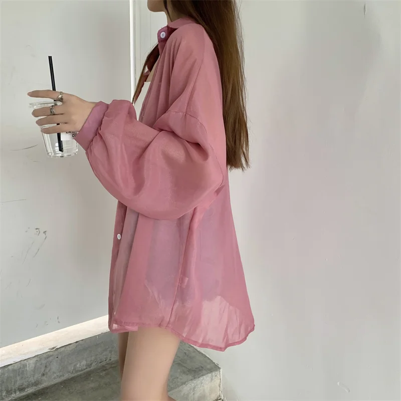 Semi Sheer Long Sleeve Shirt for Women Shimmer Button Down Collared Plain Lightweight Shirt Spring Summer Chic Tops Outfit