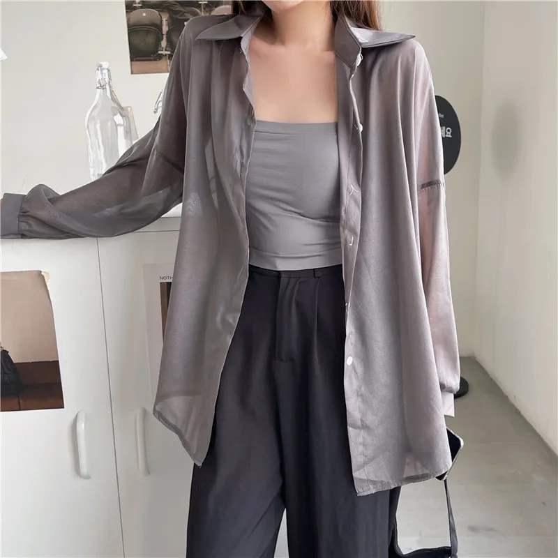 Semi Sheer Long Sleeve Shirt for Women Shimmer Button Down Collared Plain Lightweight Shirt Spring Summer Chic Tops Outfit