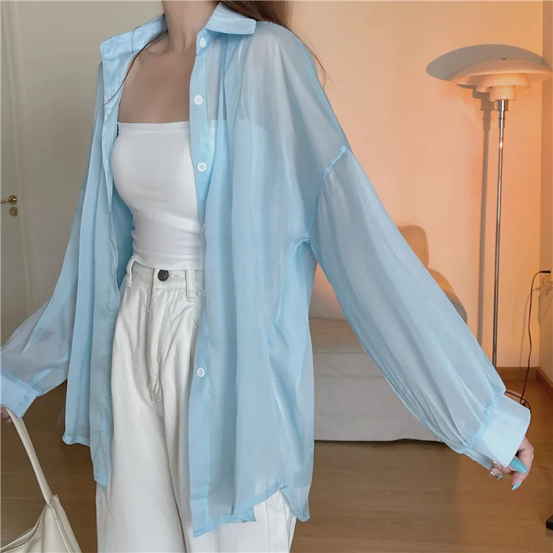 Semi Sheer Long Sleeve Shirt for Women Shimmer Button Down Collared Plain Lightweight Shirt Spring Summer Chic Tops Outfit