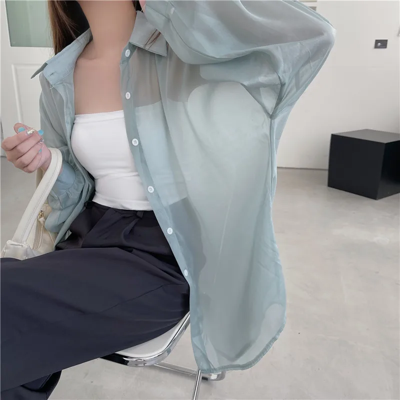 Semi Sheer Long Sleeve Shirt for Women Shimmer Button Down Collared Plain Lightweight Shirt Spring Summer Chic Tops Outfit