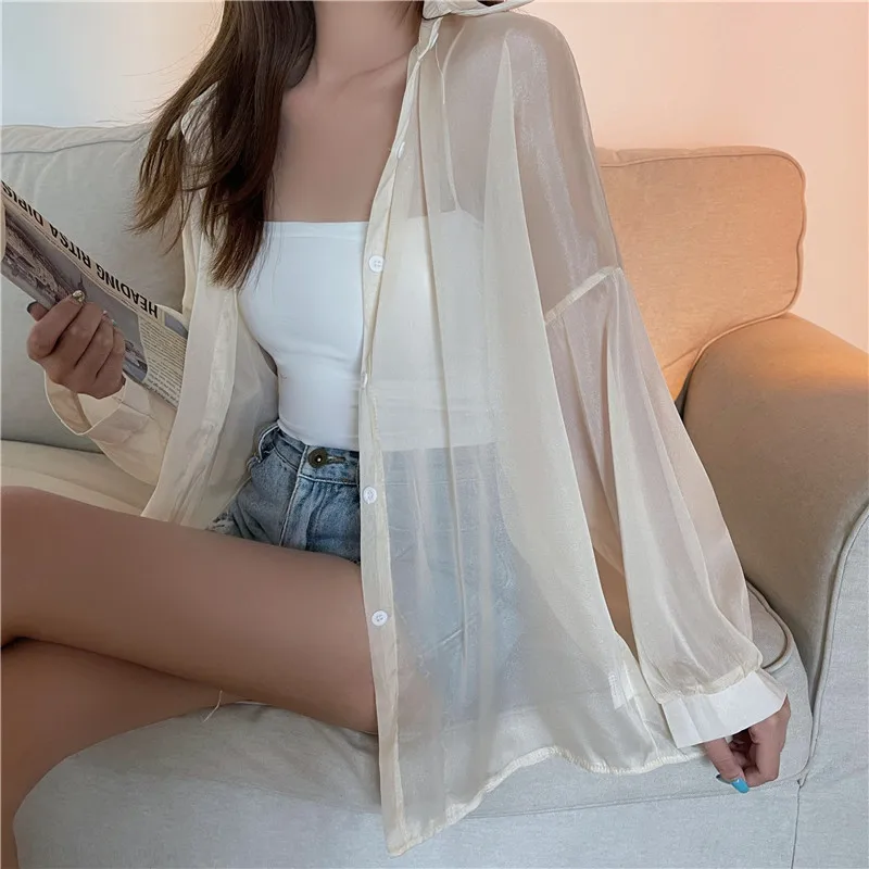 Semi Sheer Long Sleeve Shirt for Women Shimmer Button Down Collared Plain Lightweight Shirt Spring Summer Chic Tops Outfit