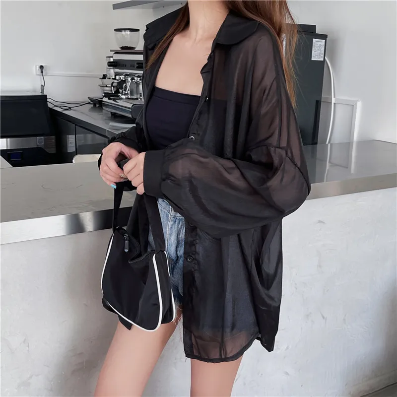 Semi Sheer Long Sleeve Shirt for Women Shimmer Button Down Collared Plain Lightweight Shirt Spring Summer Chic Tops Outfit