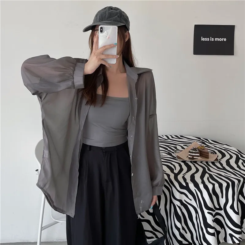 Semi Sheer Long Sleeve Shirt for Women Shimmer Button Down Collared Plain Lightweight Shirt Spring Summer Chic Tops Outfit