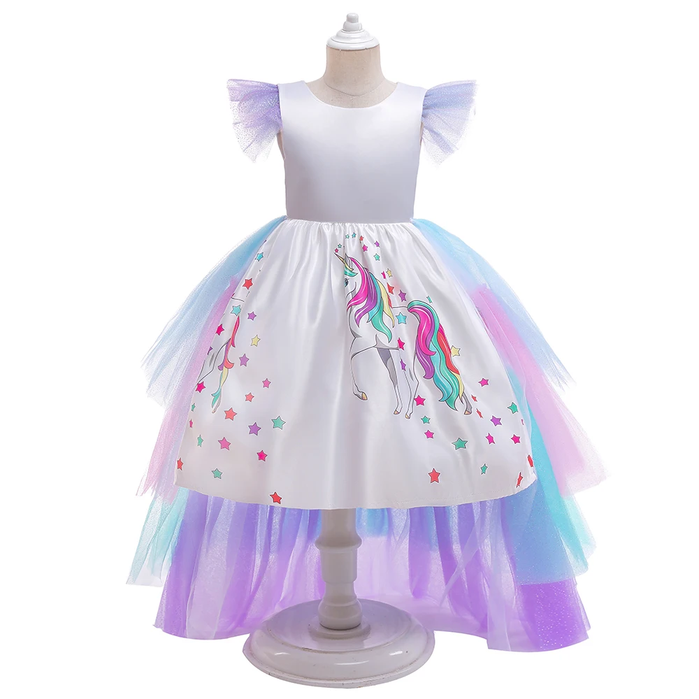 Kids Unicorn Princess Dress For Girls Children Cosplay Costume Trailing Rainbow Birthday Party Dresses Girl Christmas Outfit