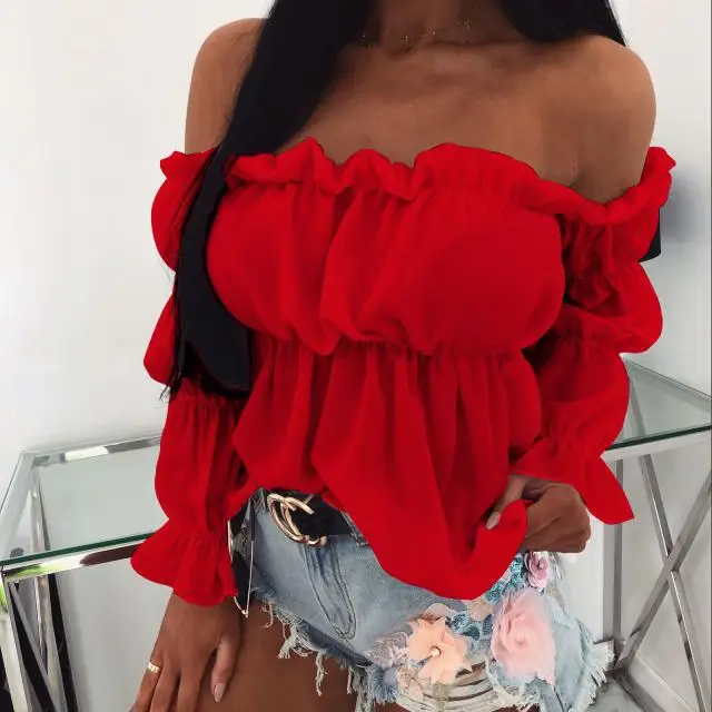 Women's Fashion One-line Collar Waist Shirt Women's Pleated Casual Long Sleeve Solid Color Shirt Woman