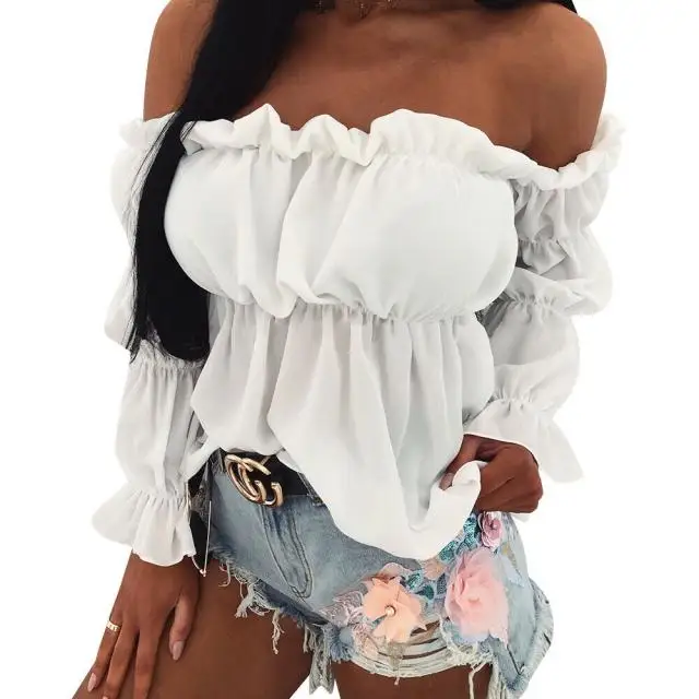 Women's Fashion One-line Collar Waist Shirt Women's Pleated Casual Long Sleeve Solid Color Shirt Woman