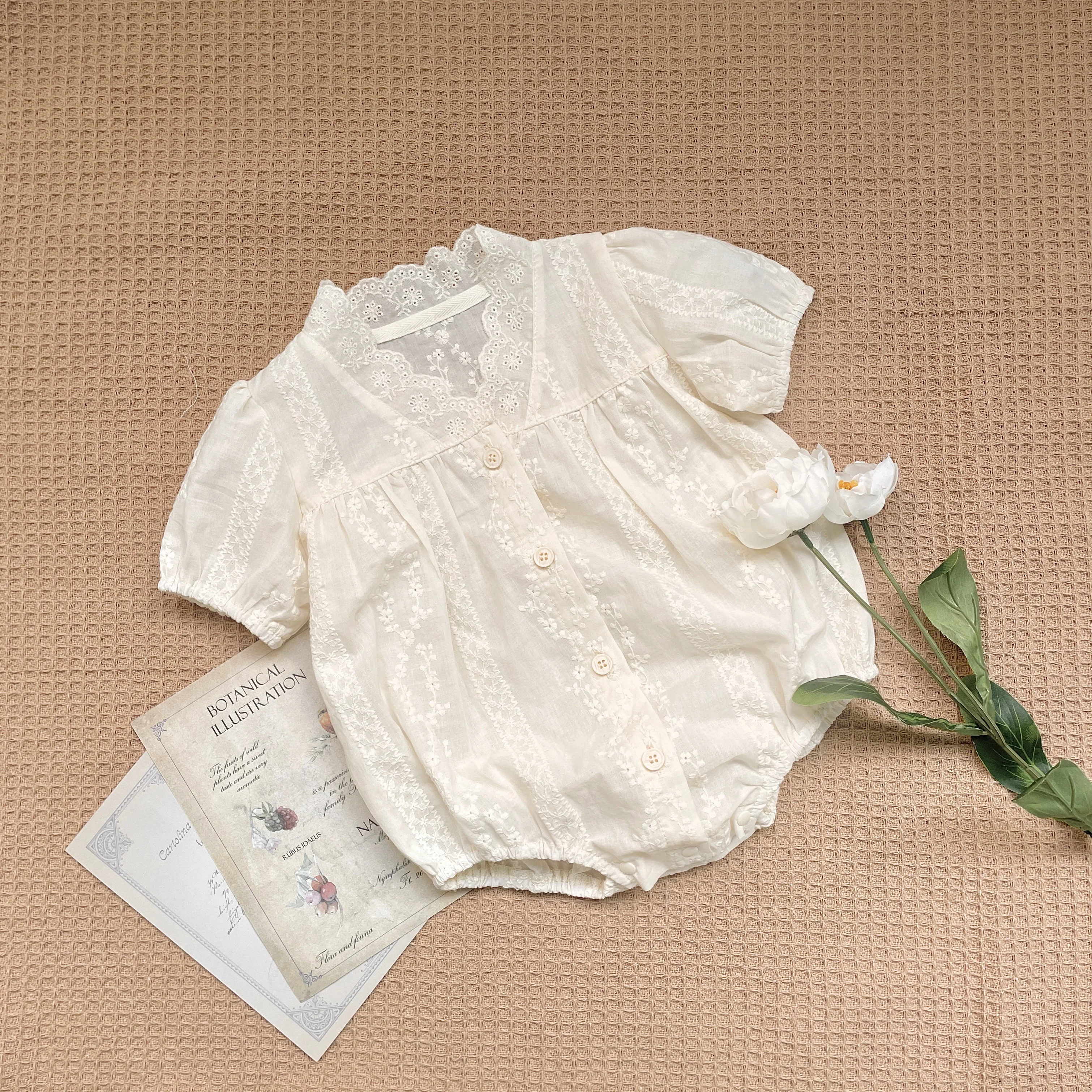 FLM Summer Baby Romper Short Sleeves Princess Lace Collar Solid Color Baby Bodysuit Thin 0-2 Years Old