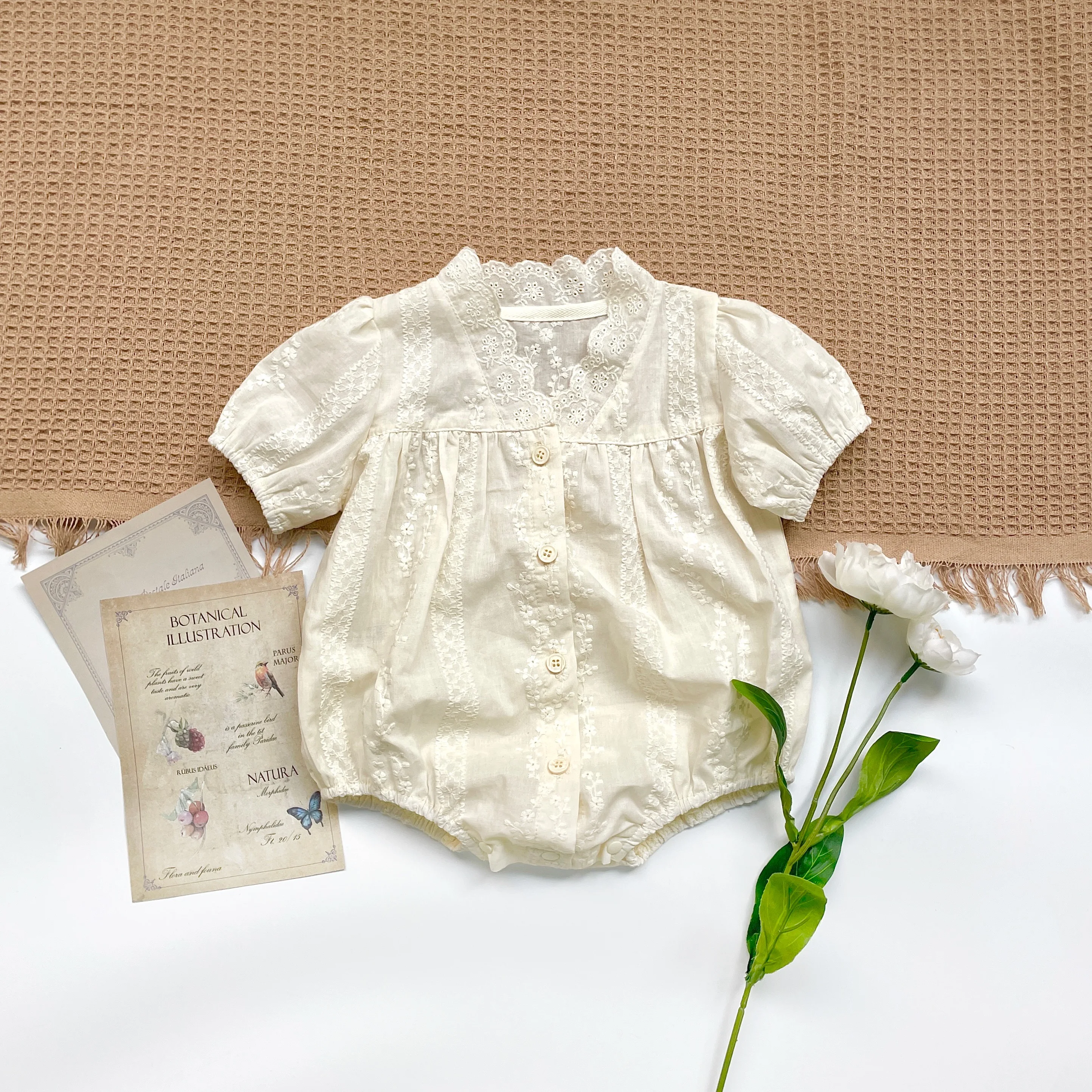 FLM Summer Baby Romper Short Sleeves Princess Lace Collar Solid Color Baby Bodysuit Thin 0-2 Years Old